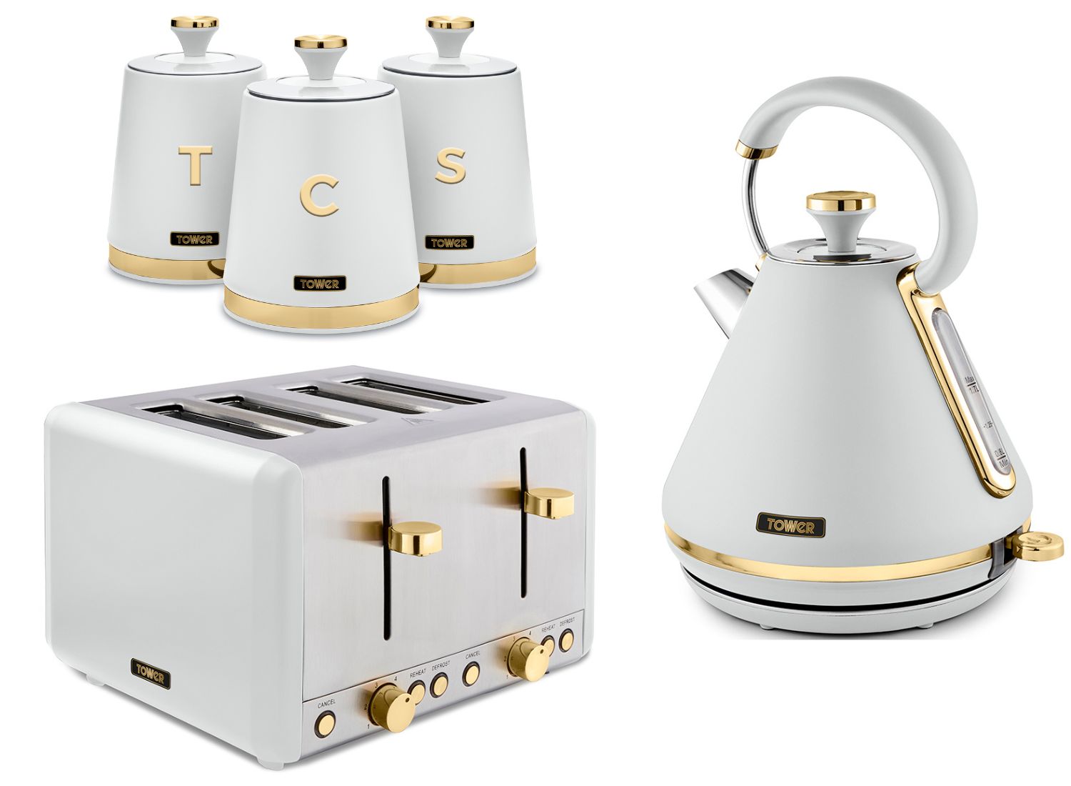 Tower Cavaletto Kettle 4 Slice Toaster & Canisters Set in White/Champagne Gold