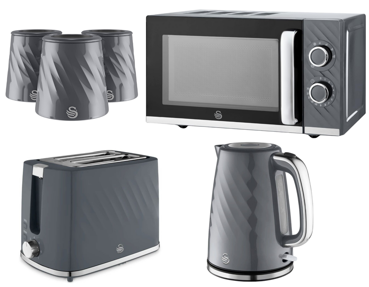 Swan Windsor Grey Kettle Toaster Microwave Canisters Kitchen Bundle Set0