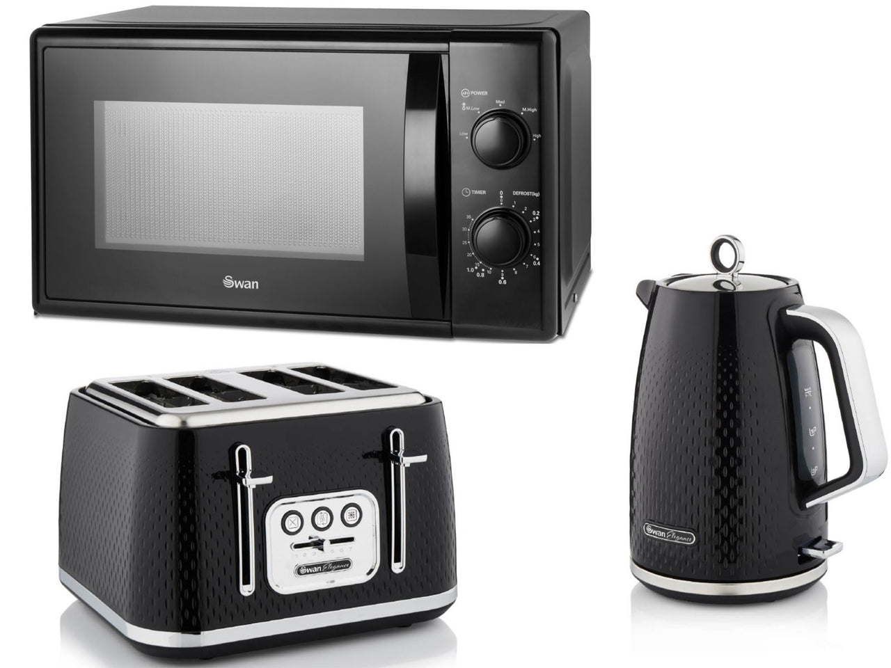 Swan Elegance 1.7L 3KW Kettle, 4 Slice Toaster & 700W 20L Manual Microwave Matching Set in Black