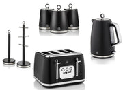 Swan Serenity Black 1.7L 3KW Kettle, 4 Slice Toaster, Canisters, Mug Tree & Towel Pole. Matching Swan Kitchen Set of 7