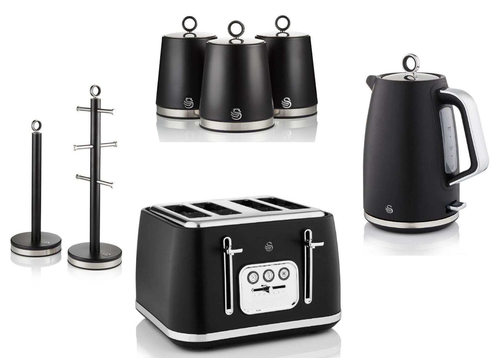 Swan Serenity Black 1.7L 3KW Kettle, 4 Slice Toaster, Canisters, Mug Tree & Towel Pole. Matching Swan Kitchen Set of 7
