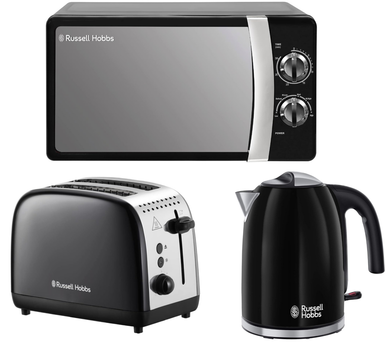 Russell Hobbs Colours Plus Black 1.7L Kettle, 2 Slice Toaster & 700W 17L Microwave Matching Set