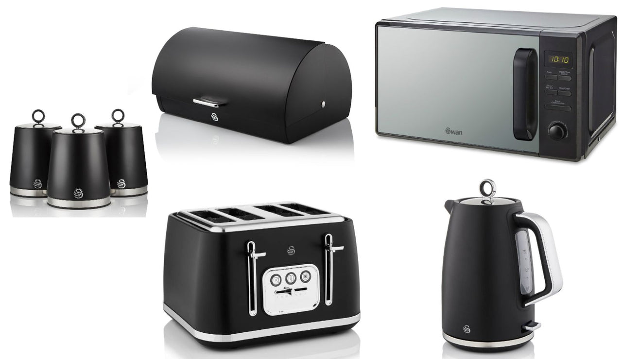 Swan Serenity Black 1.7L 3KW Kettle, 4 Slice Toaster, Bread Bin, Canisters and 20L 800W Digital Microwave SM4421BLK. Matching Swan Kitchen Set