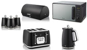 Swan Serenity Black 1.7L 3KW Kettle, 4 Slice Toaster, Bread Bin, Canisters and 20L 800W Digital Microwave SM4421BLK. Matching Swan Kitchen Set