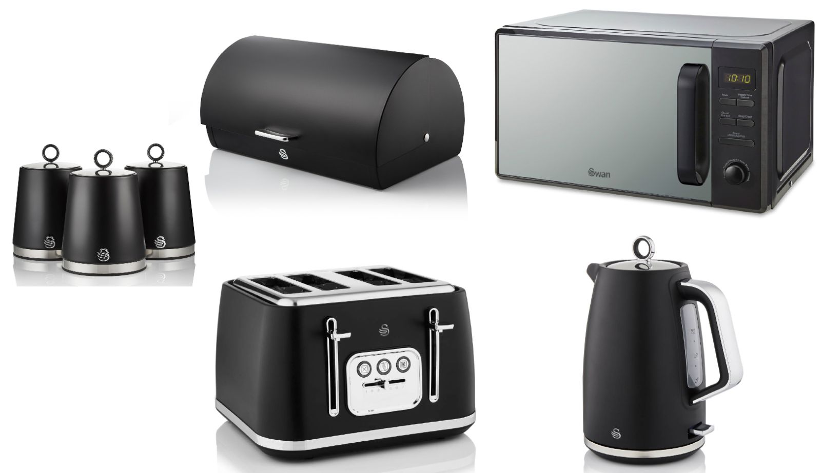 Swan Serenity Black 1.7L 3KW Kettle, 4 Slice Toaster, Bread Bin, Canisters and 20L 800W Digital Microwave SM4421BLK. Matching Swan Kitchen Set