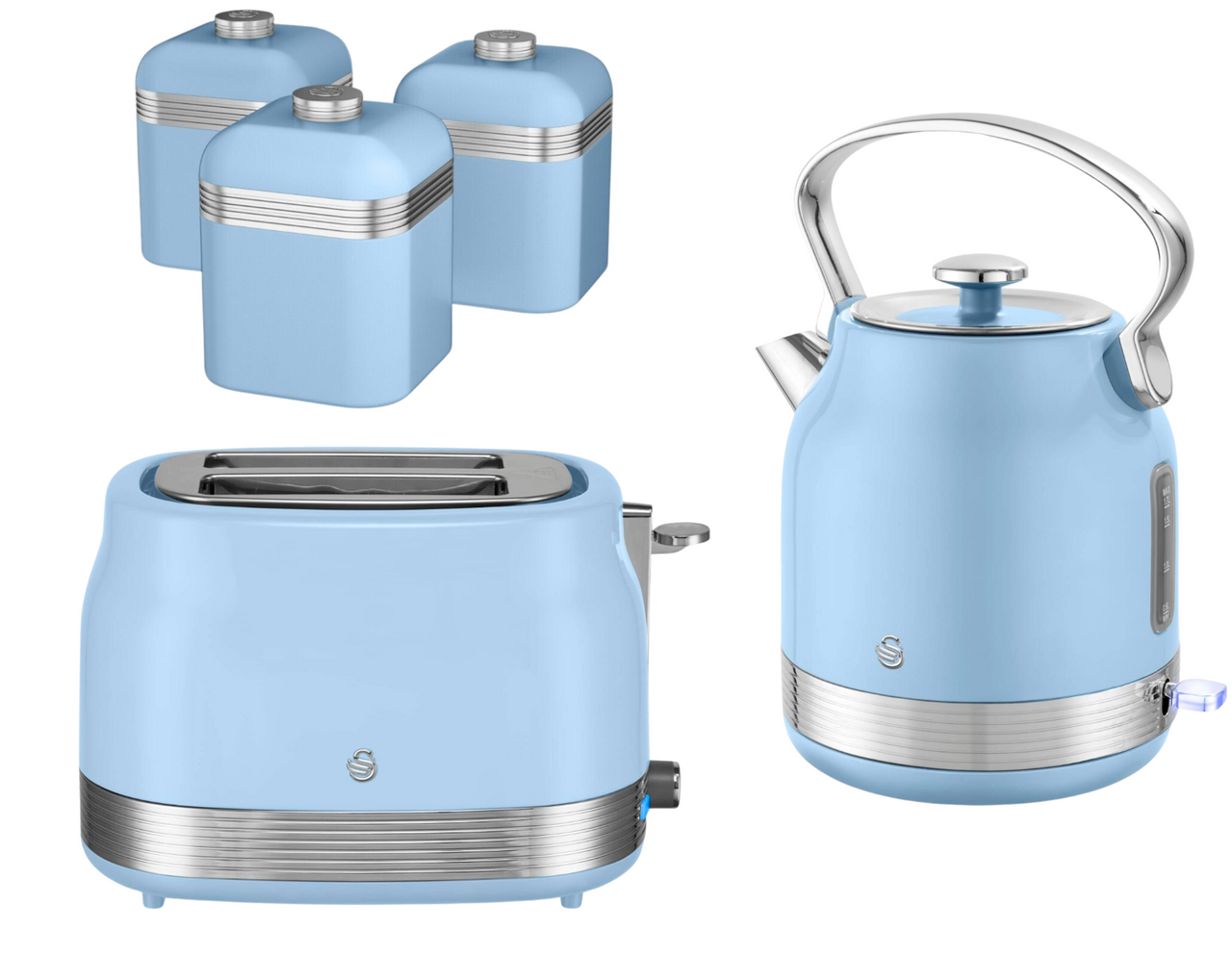 Swan Retro Revive Blue Stovetop Kettle 2 Slice Toaster Kitchen Canisters Set0