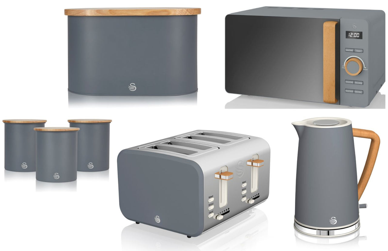 Swan Nordic Grey 1.7L Kettle, 4 Slice Toaster. 800W 20L Microwave, Bread Bin & Canisters Matching Set of 7