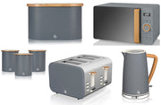 Swan Nordic Grey 1.7L Kettle, 4 Slice Toaster. 800W 20L Microwave, Bread Bin & Canisters Matching Set of 7