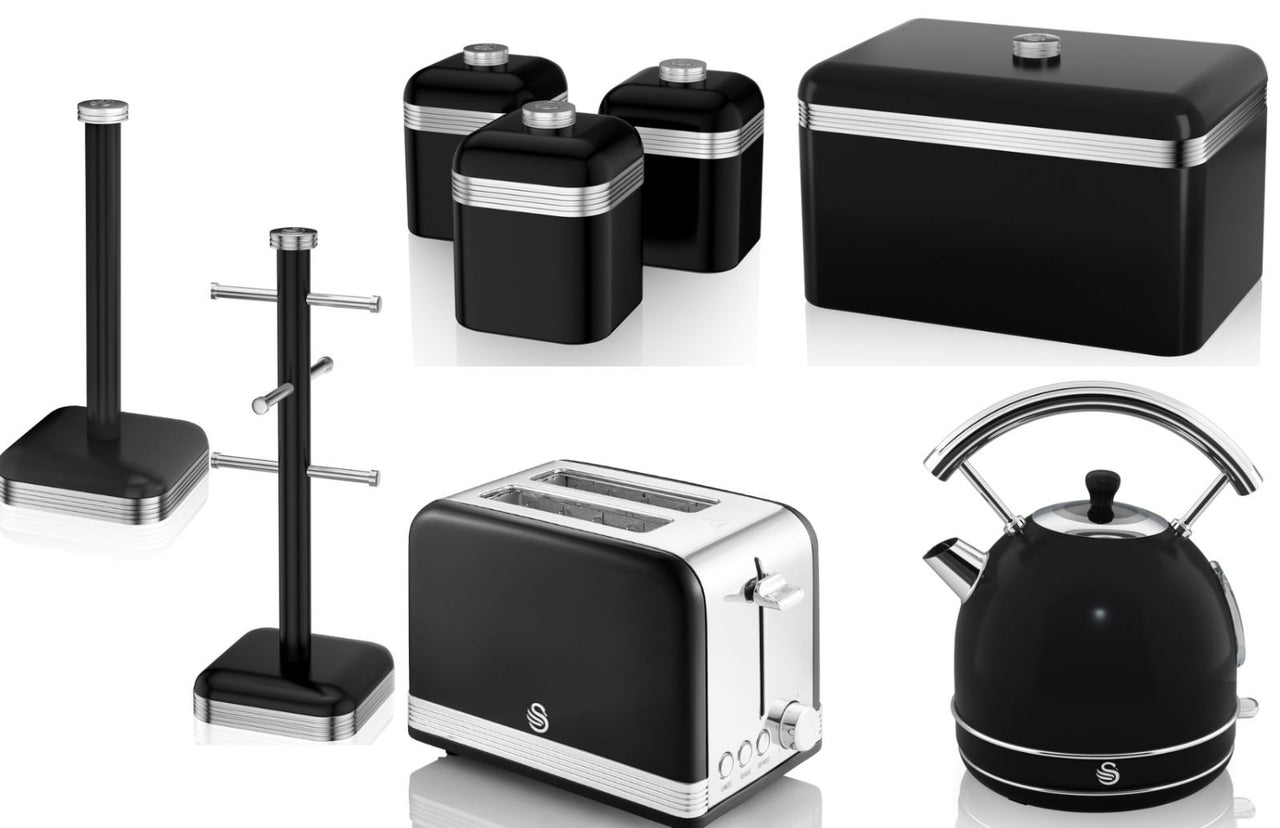 Swan Retro Black Dome Kettle Toaster Bread Bin Canisters Mug Tree & Towel Pole