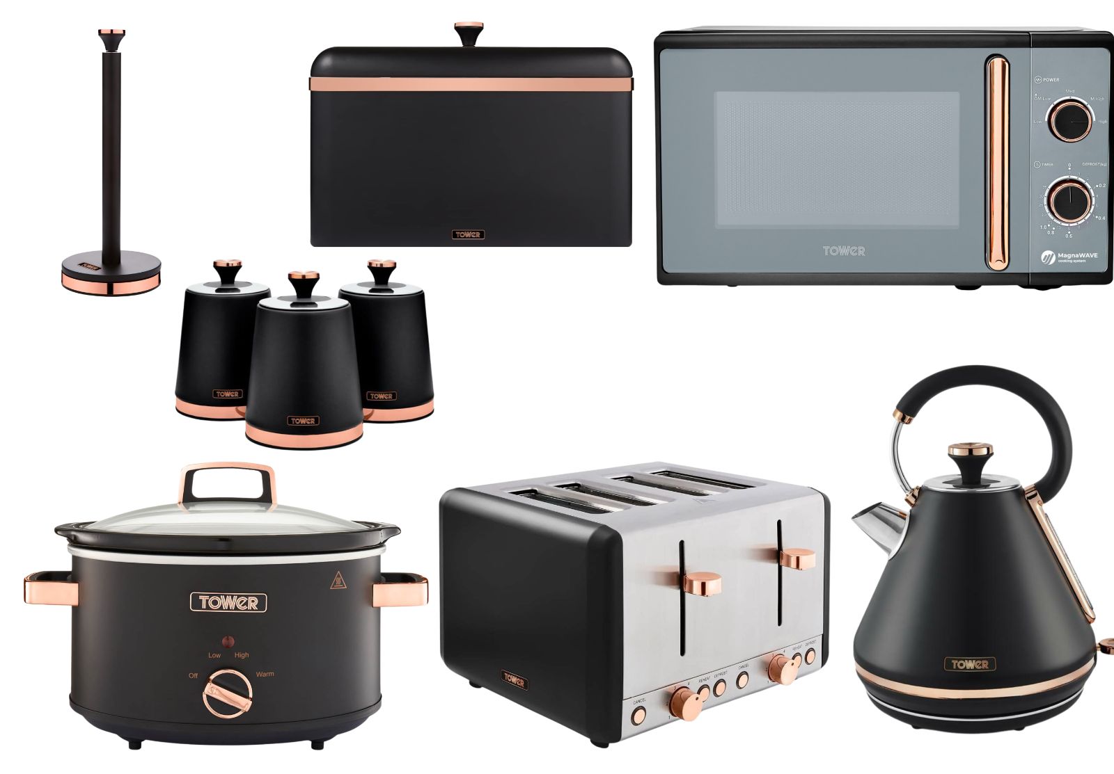 Tower Cavaletto Black Kettle Toaster Microwave Slow Cooker & Kitchen Storage Set0