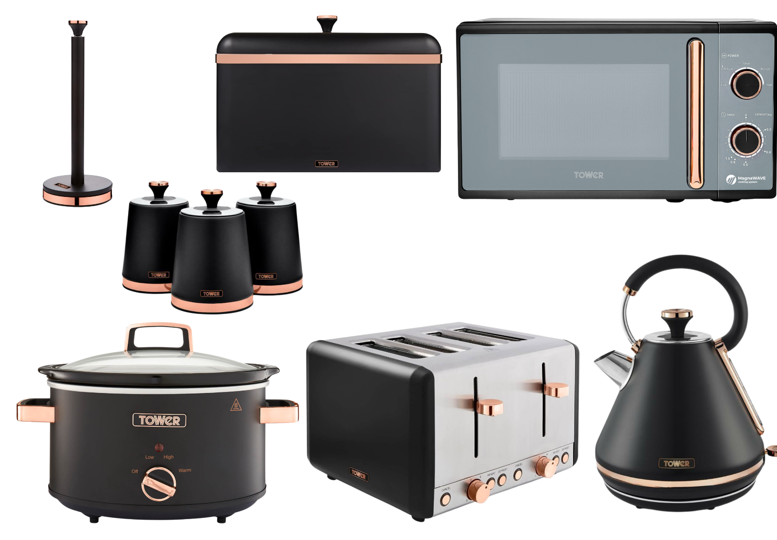 Tower Cavaletto Black Kettle Toaster Microwave Slow Cooker & Kitchen Storage Set0
