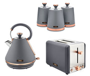 Tower Cavaletto Pyramid Kettle 2 Slice Toaster & 3 piece Canisters Set Grey & Rose Gold