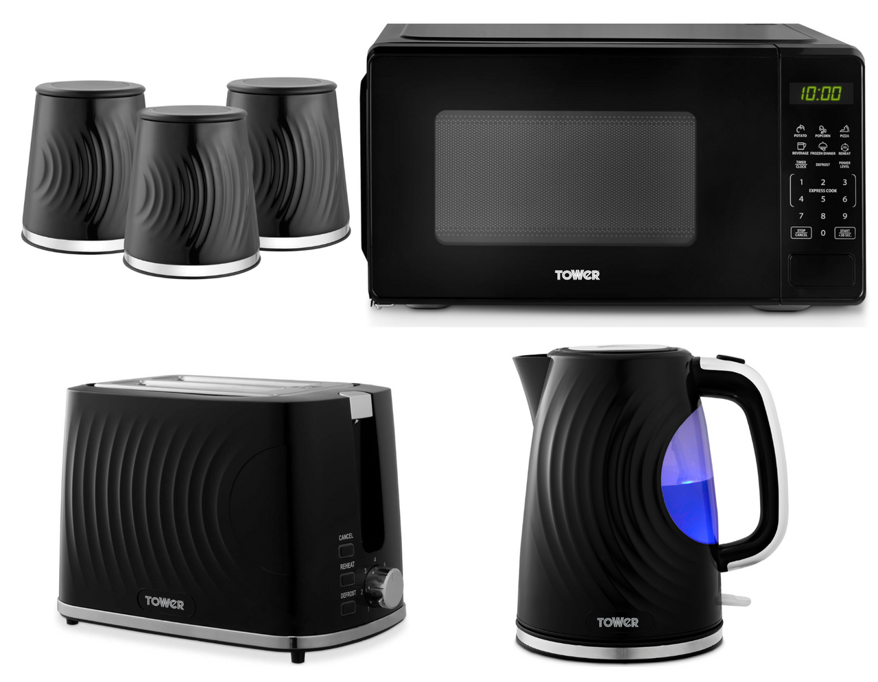 Tower Sonar Black Kettle Toaster Microwave & Canisters Kitchen Bundle Set of 60