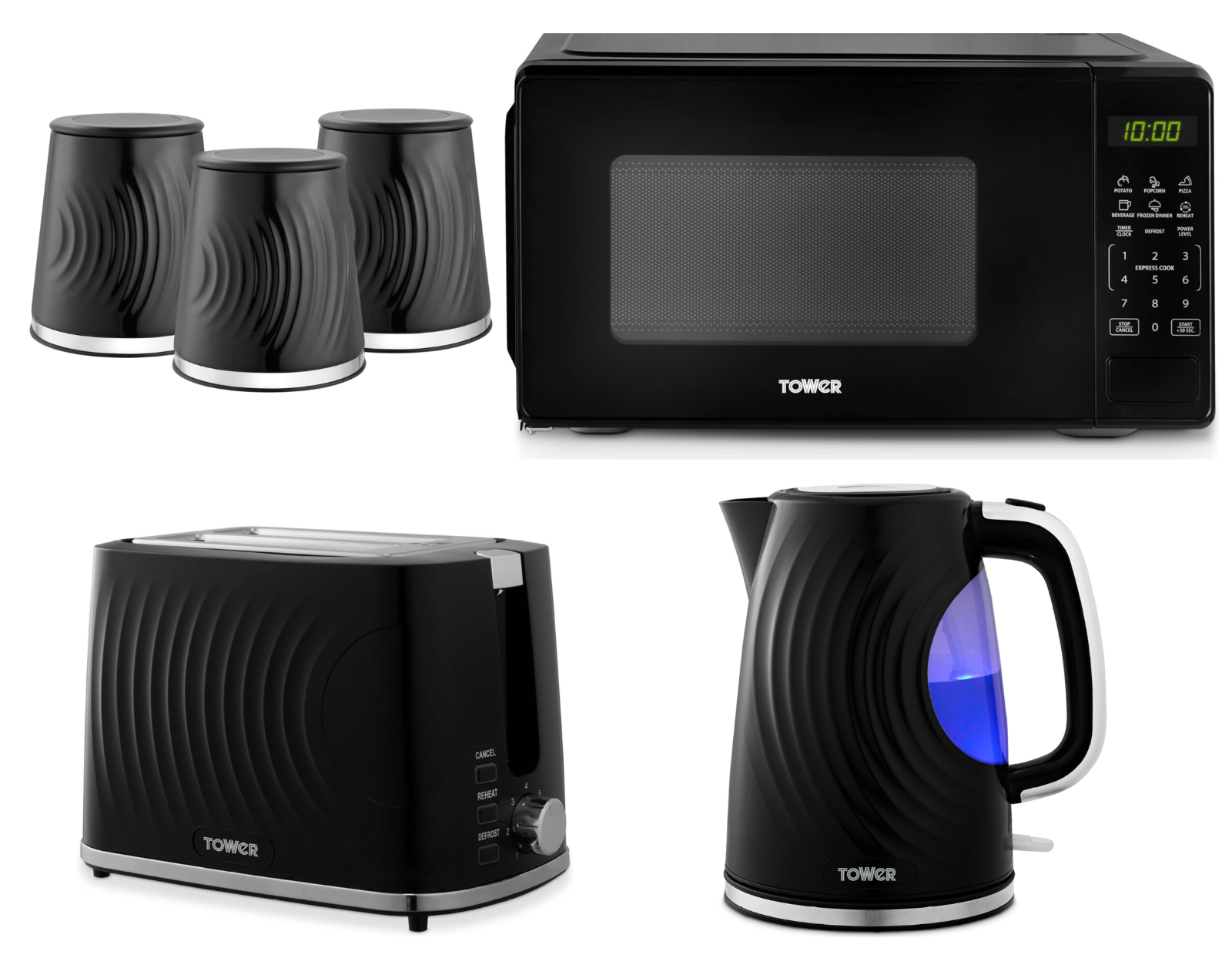 Tower Sonar Black Kettle Toaster Microwave & Canisters Kitchen Bundle Set of 60