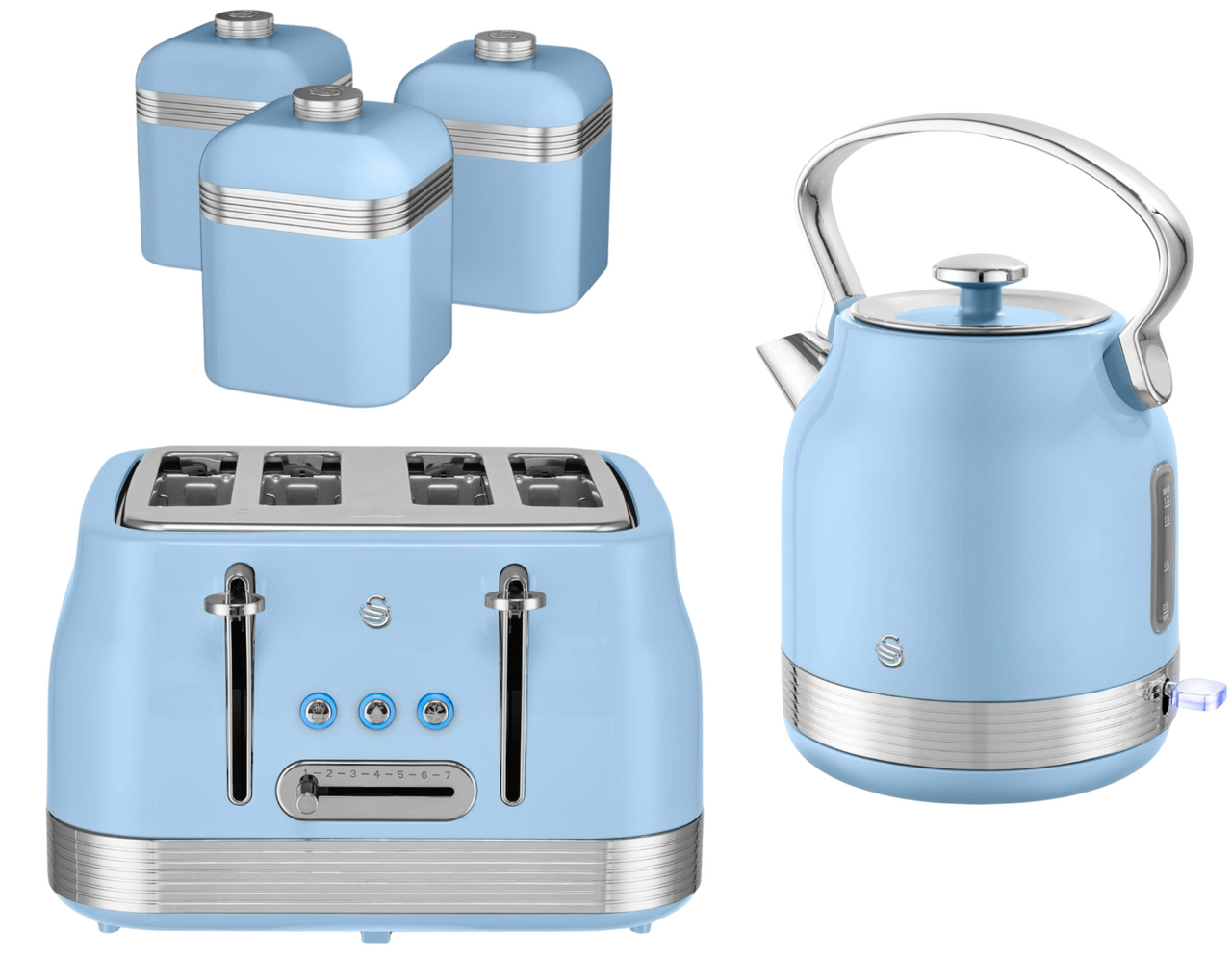 Swan Retro Revive Blue Stovetop Kettle 4 Slice Toaster Kitchen Canisters Set0