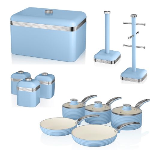 SWAN Retro Blue 5 Piece Pan Set, Bread Bin, Canisters, Mug Tree & Towel Pole Kitchen Set