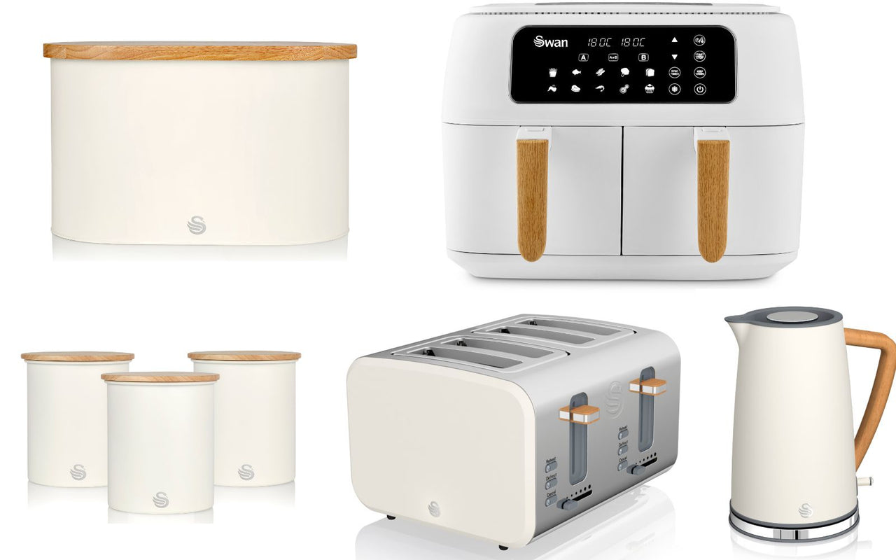Swan Nordic White 1.7L Jug Kettle, 4 Slice Toaster,  Dual Basket Air Fryer, Bread Bin & Canisters Matching Set