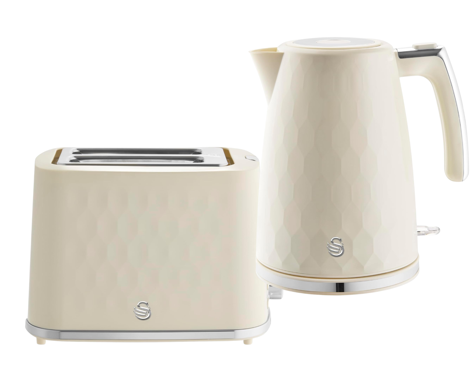 Swan Hexton Cream Kettle 2 Slice Toaster Set Hexagonal Texture Chrome Accents0