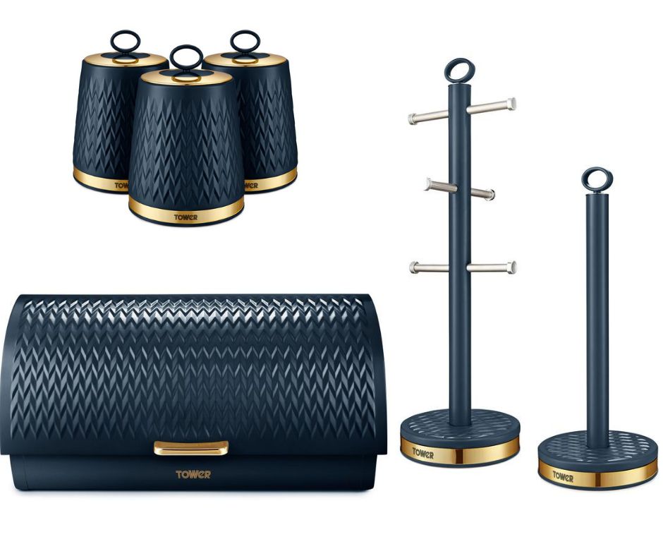Tower Empire Bread Bin Canisters Mug Tree & Towel Pole Set Midnight Blue/Brass