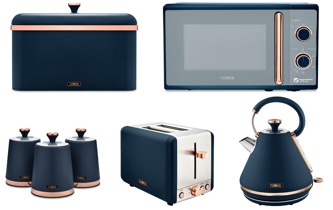 Tower Cavaletto Midnight Blue & Rose Gold 7-Piece Kitchen Set – Kettle, Toaster, Microwave & StorageTower Cavaletto Midnight Blue & Rose Gold 7-Piece Kitchen Set – Kettle, Toaster, Microwave & Storage