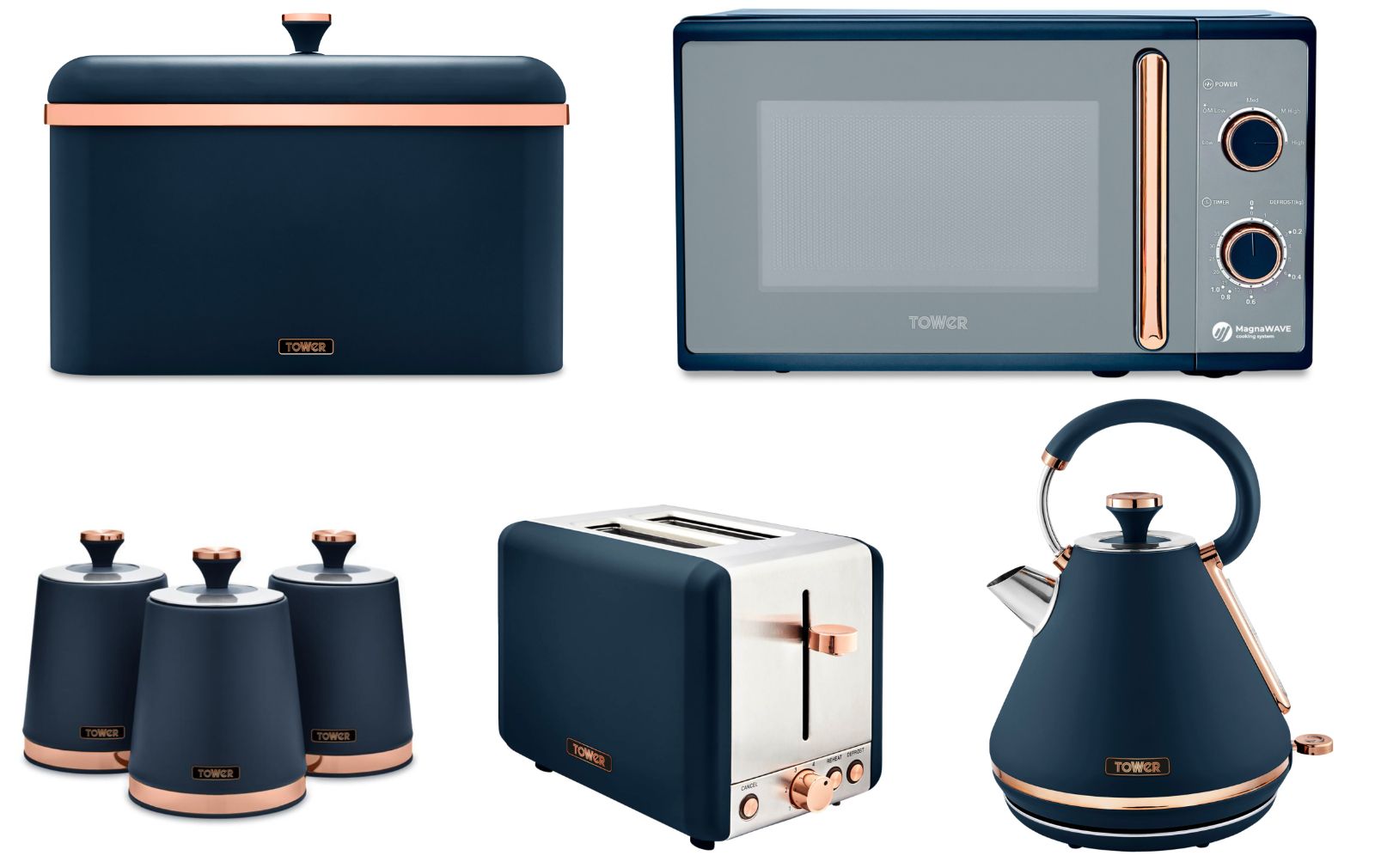 Tower Cavaletto Midnight Blue & Rose Gold 7-Piece Kitchen Set – Kettle, Toaster, Microwave & StorageTower Cavaletto Midnight Blue & Rose Gold 7-Piece Kitchen Set – Kettle, Toaster, Microwave & Storage