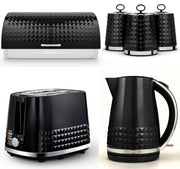 Tower Solitaire Jug Kettle, 2 Slice Toaster, Bread Bin & Canisters Set of 6 in Black & Chrome