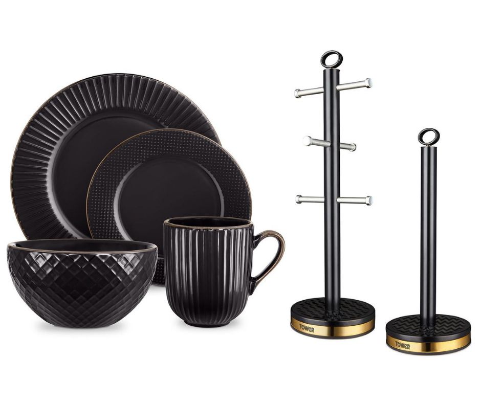 TOWER Empire 16 Piece Dinner Set Towel Roll Holder Mug Tree Black & Brass Matching Set