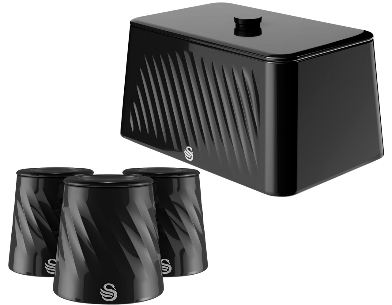Swan Windsor Black Breadbin and 3 Canisters Matching Kitchen Storage Set0