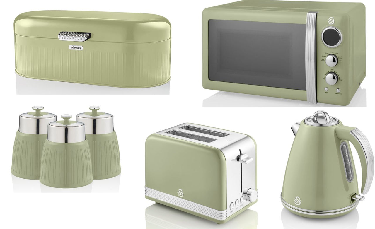 Swan Retro Set of 7 in Green including 1.5L 3KW Jug Kettle, 2 Slice Toaster, 800W 20L Digital Microwave, Bread Bin & Tea, Coffee, Sugar Canisters