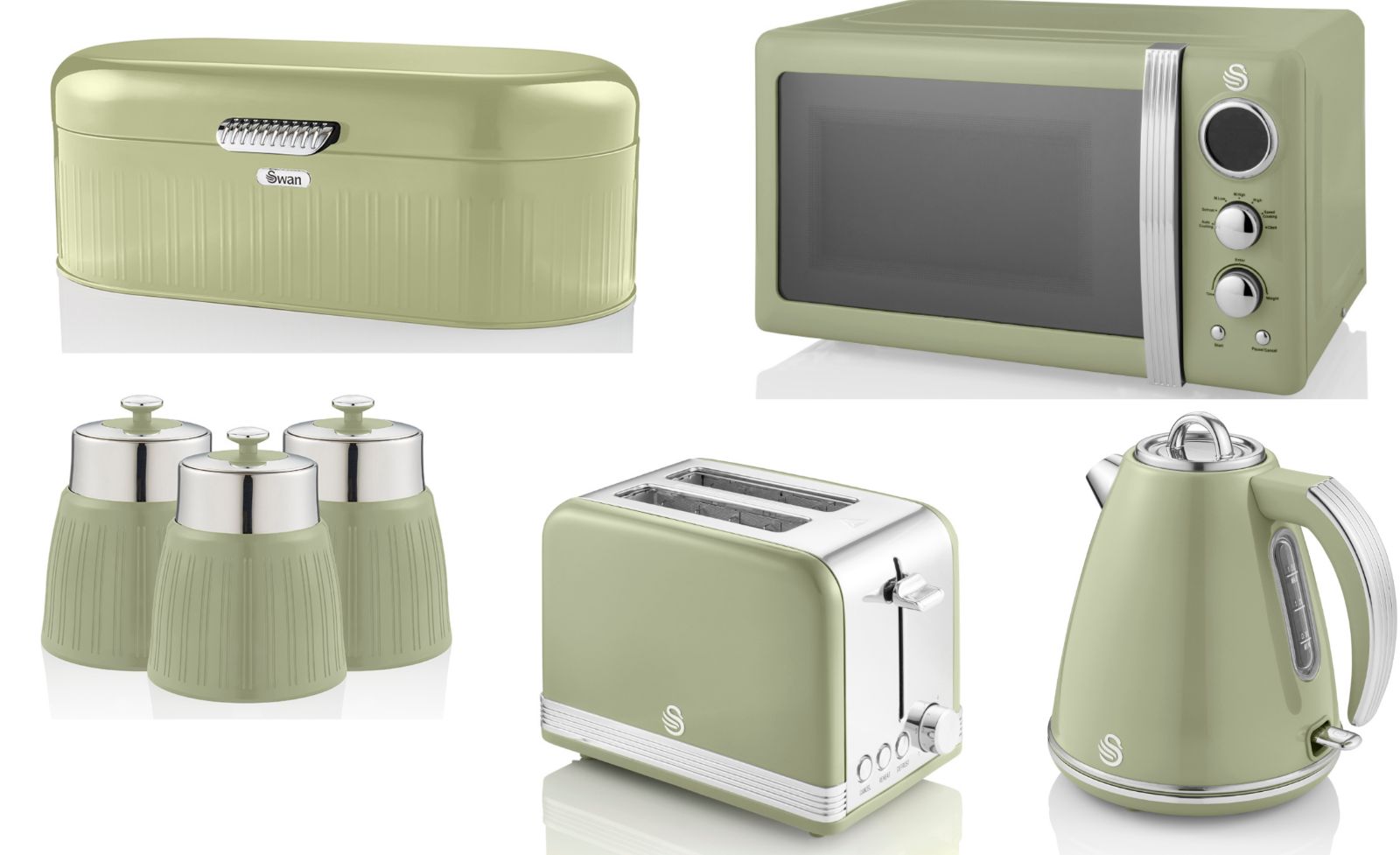 Swan Retro Set of 7 in Green including 1.5L 3KW Jug Kettle, 2 Slice Toaster, 800W 20L Digital Microwave, Bread Bin & Tea, Coffee, Sugar Canisters