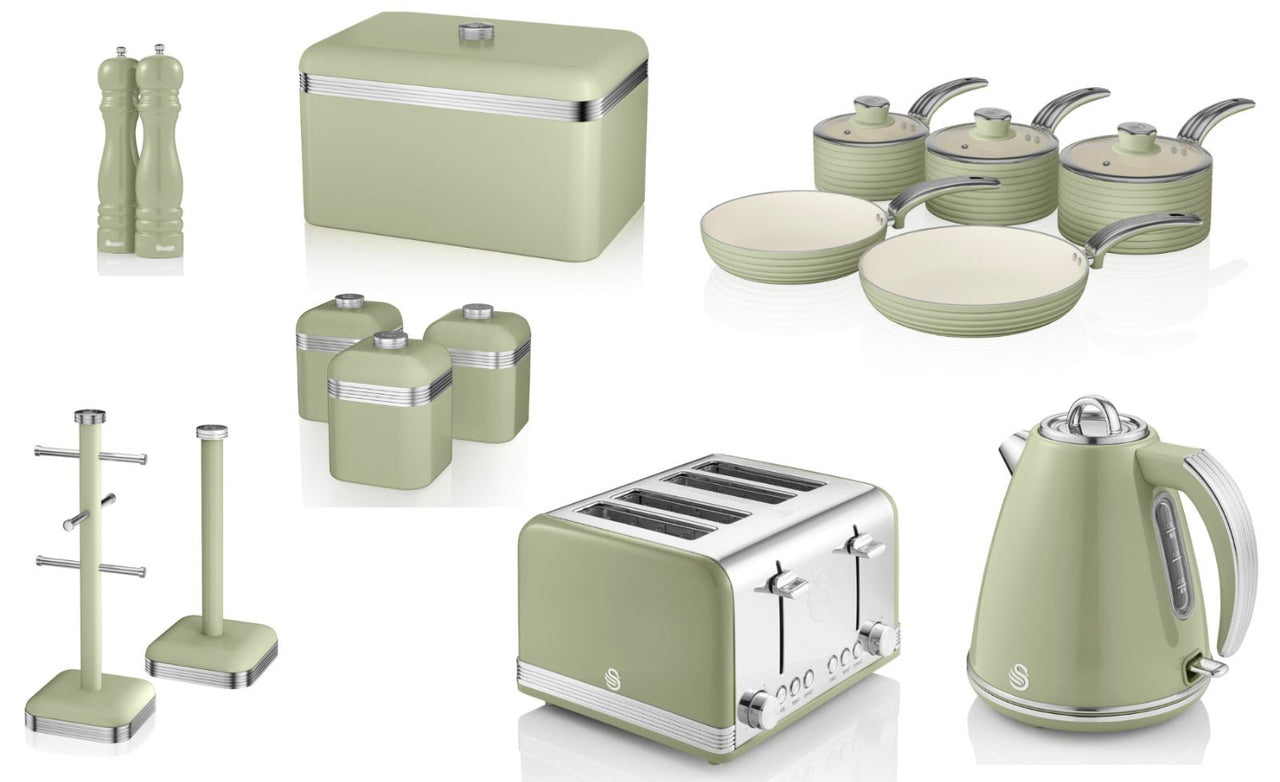 SWAN Retro Green Kitchen Set of 15. Kettle Toaster Pan Set & Kitchen Storage Set