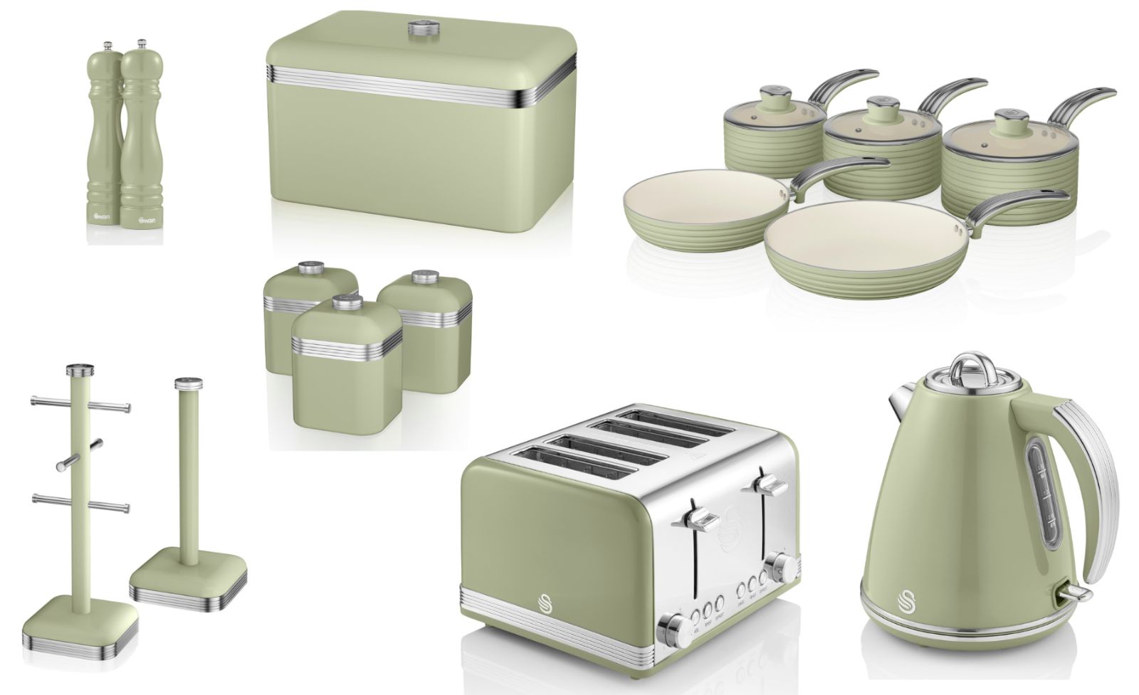 SWAN Retro Green Kitchen Set of 15. Kettle Toaster Pan Set & Kitchen Storage Set