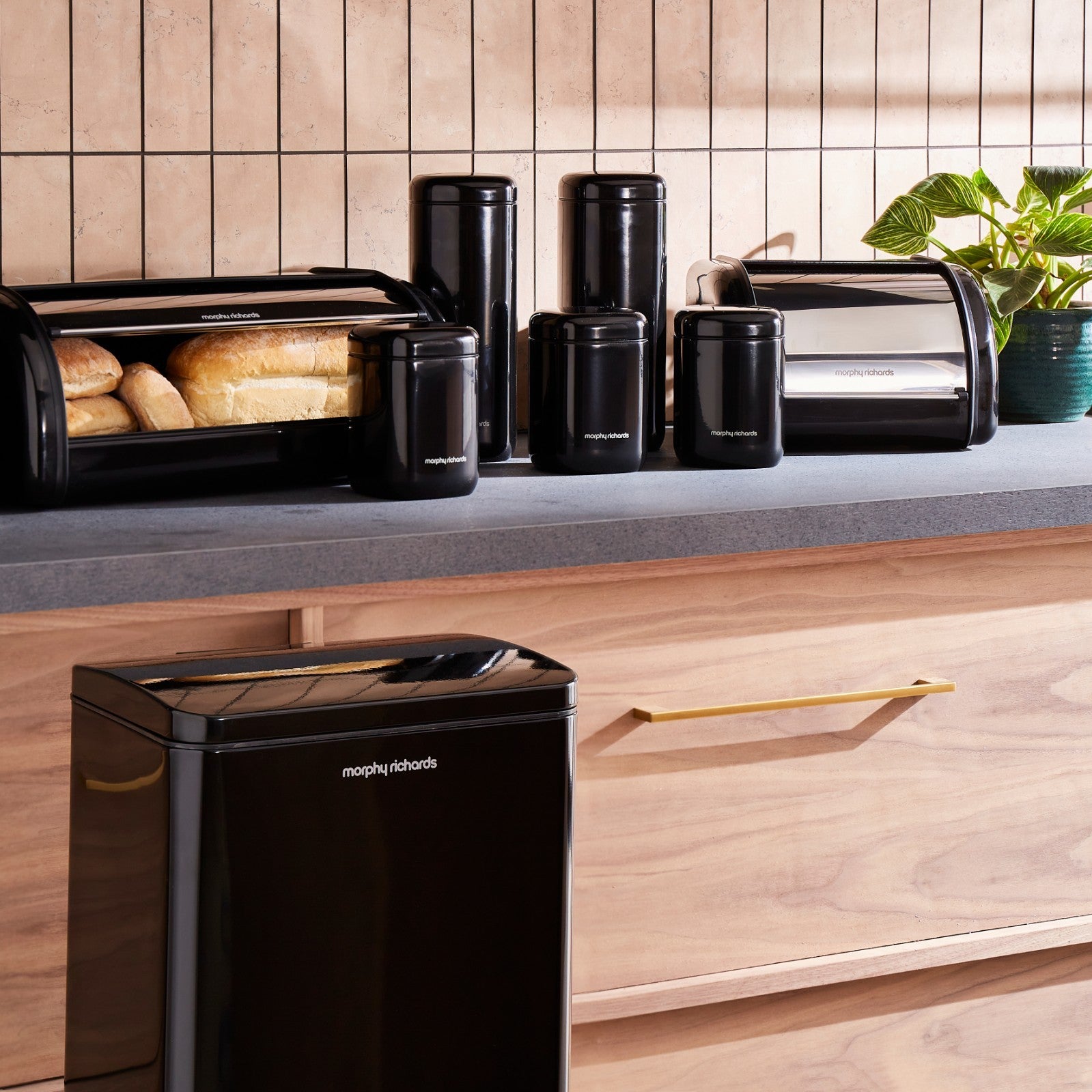 Morphy Richards Equip Black Large Roll Front Bread Bin & Large Storage Canisters7