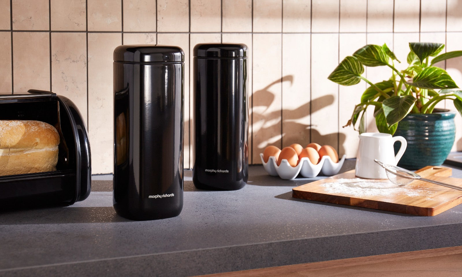 Morphy Richards Equip Black Large Roll Front Bread Bin & Large Storage Canisters1