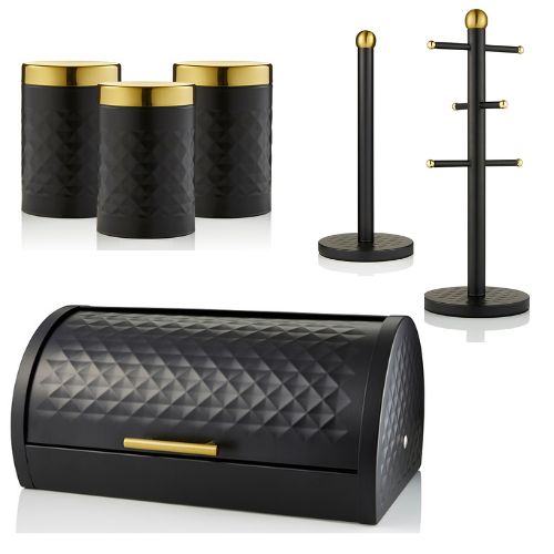 SWAN Gatsby Bread Bin, 3 Tea Coffee Sugar Canisters Mug Tree & Towel Pole Set