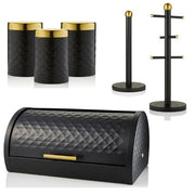 SWAN Gatsby Bread Bin, 3 Tea Coffee Sugar Canisters Mug Tree & Towel Pole Set