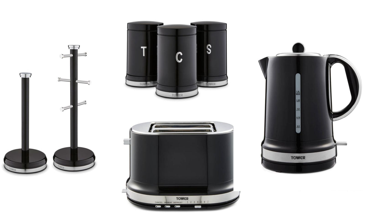 Tower Belle Kettle, 2 Slice Toaster, Canisters, Mug Tree & Towel Pole Set in Noir Black