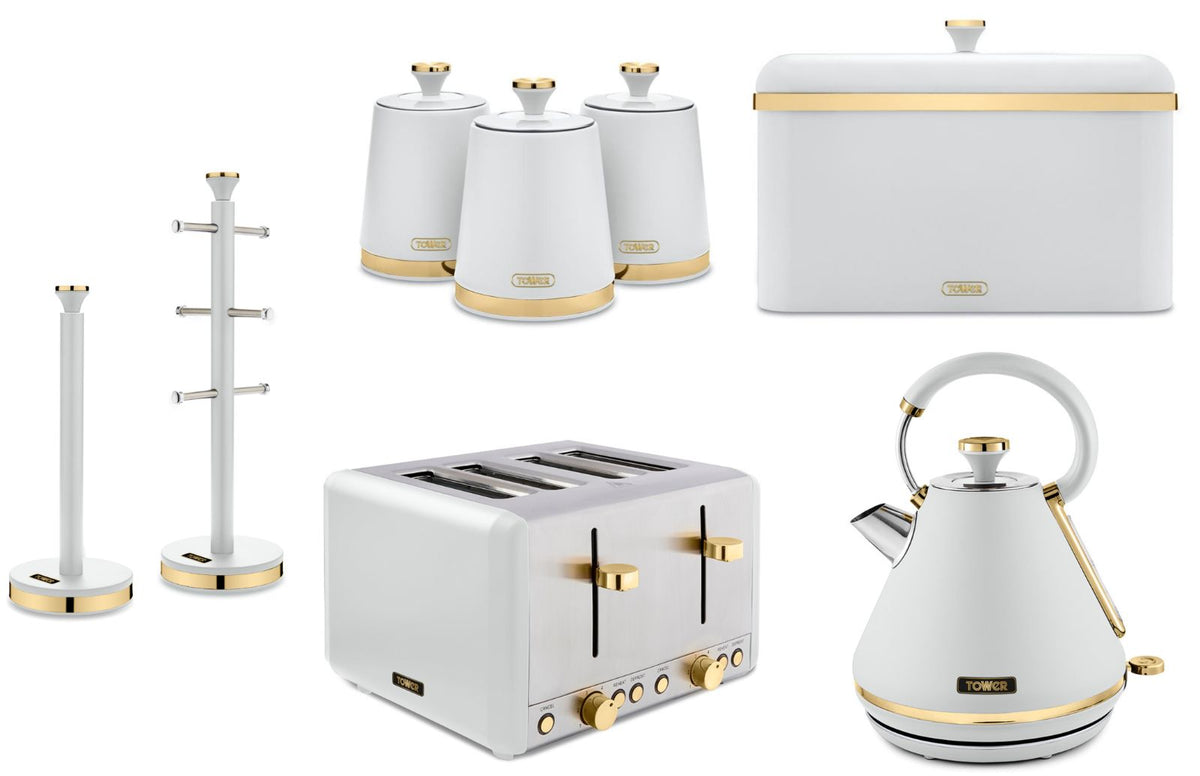 Tower Cavaletto White 1.7L 3KW Pyramid Kettle, 4 Slice Toaster, Bread Bin, Canisters, Mug Tree & Towel Pole Matching Kitchen Set of 8
