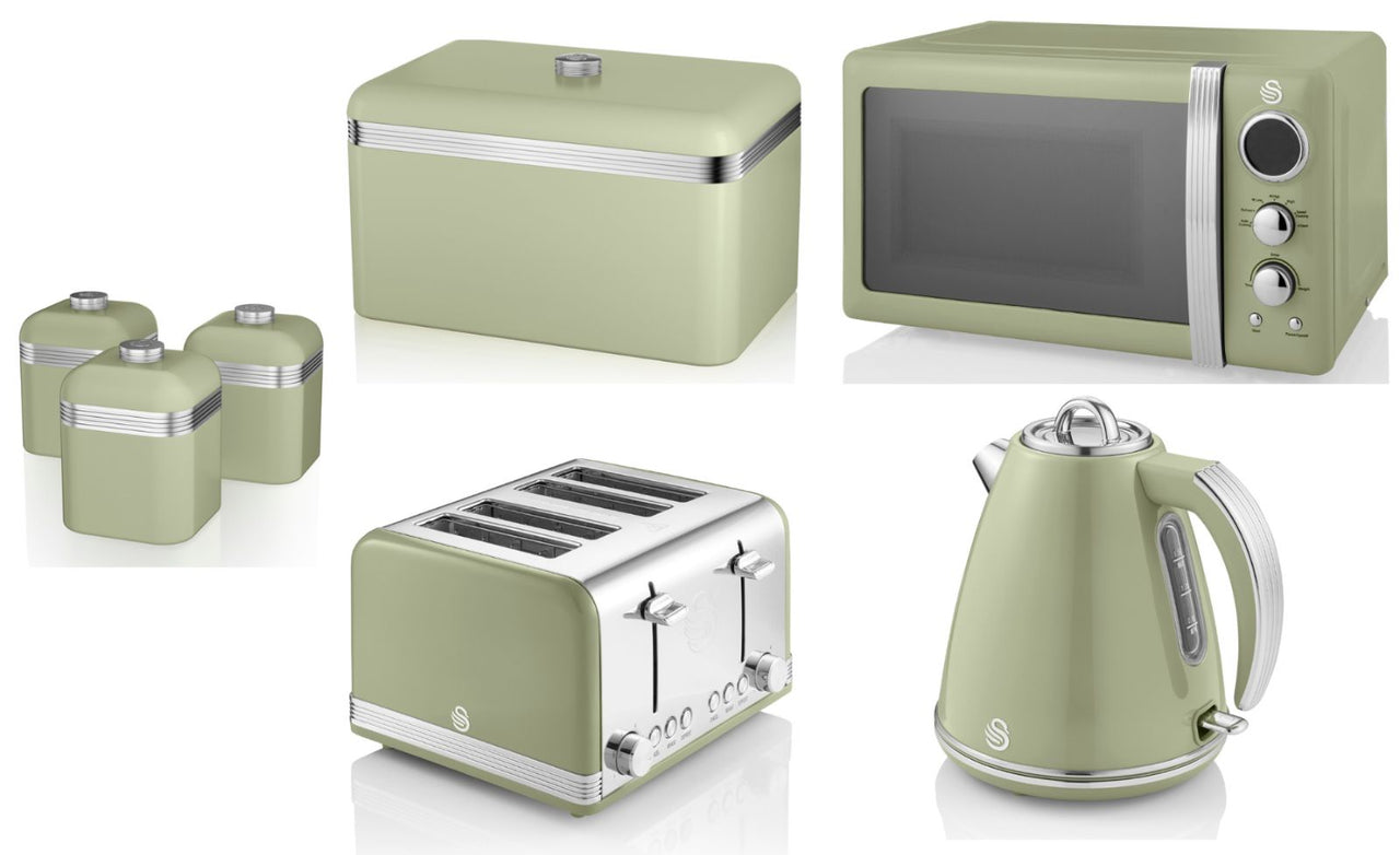 Swan Retro Green Jug Kettle, 4 Slice Toaster,  Digital Microwave, Bread Bin & Canisters Matching Set