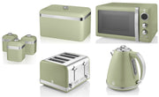 Swan Retro Green Jug Kettle, 4 Slice Toaster,  Digital Microwave, Bread Bin & Canisters Matching Set