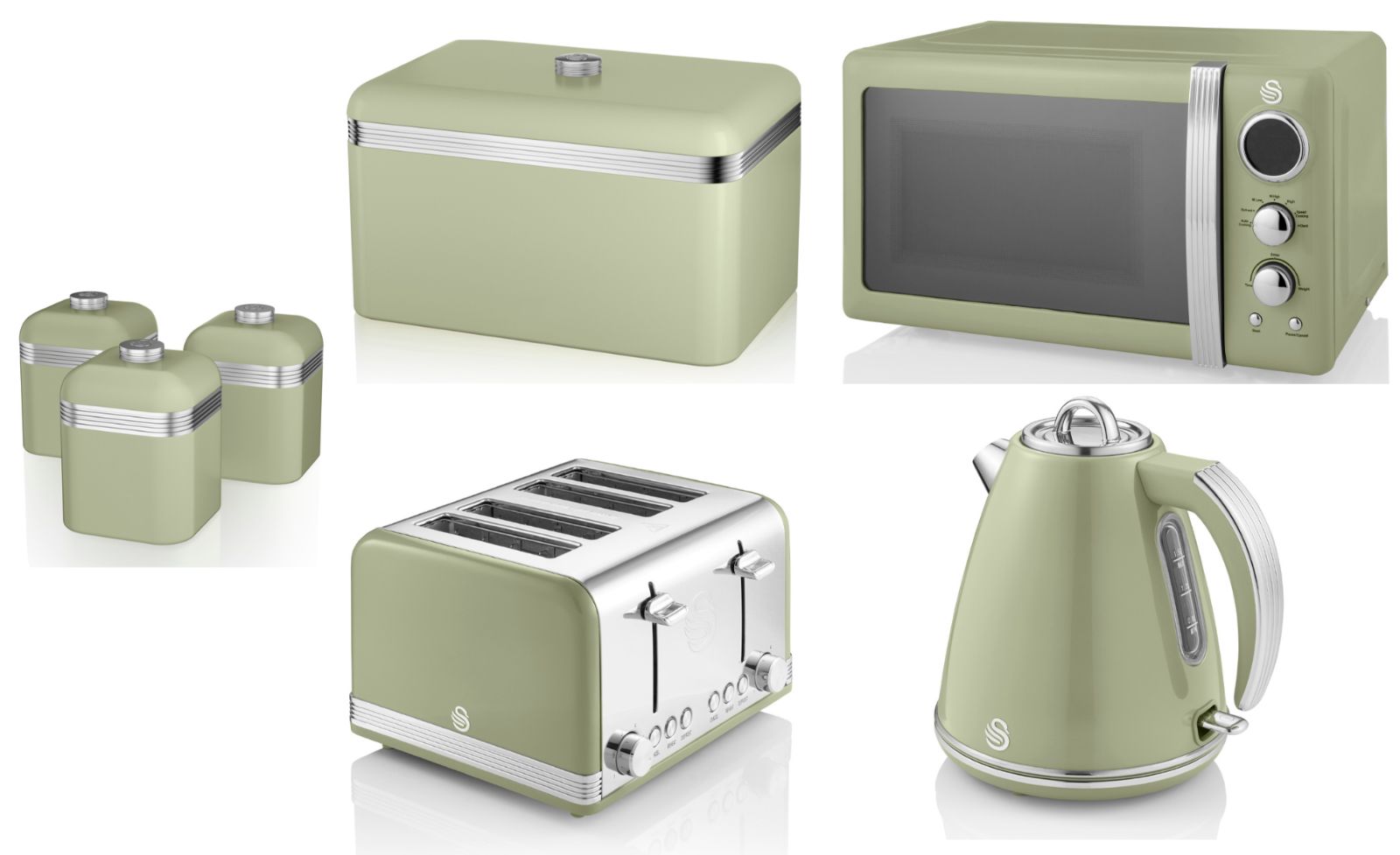 Swan Retro Green Jug Kettle, 4 Slice Toaster,  Digital Microwave, Bread Bin & Canisters Matching Set