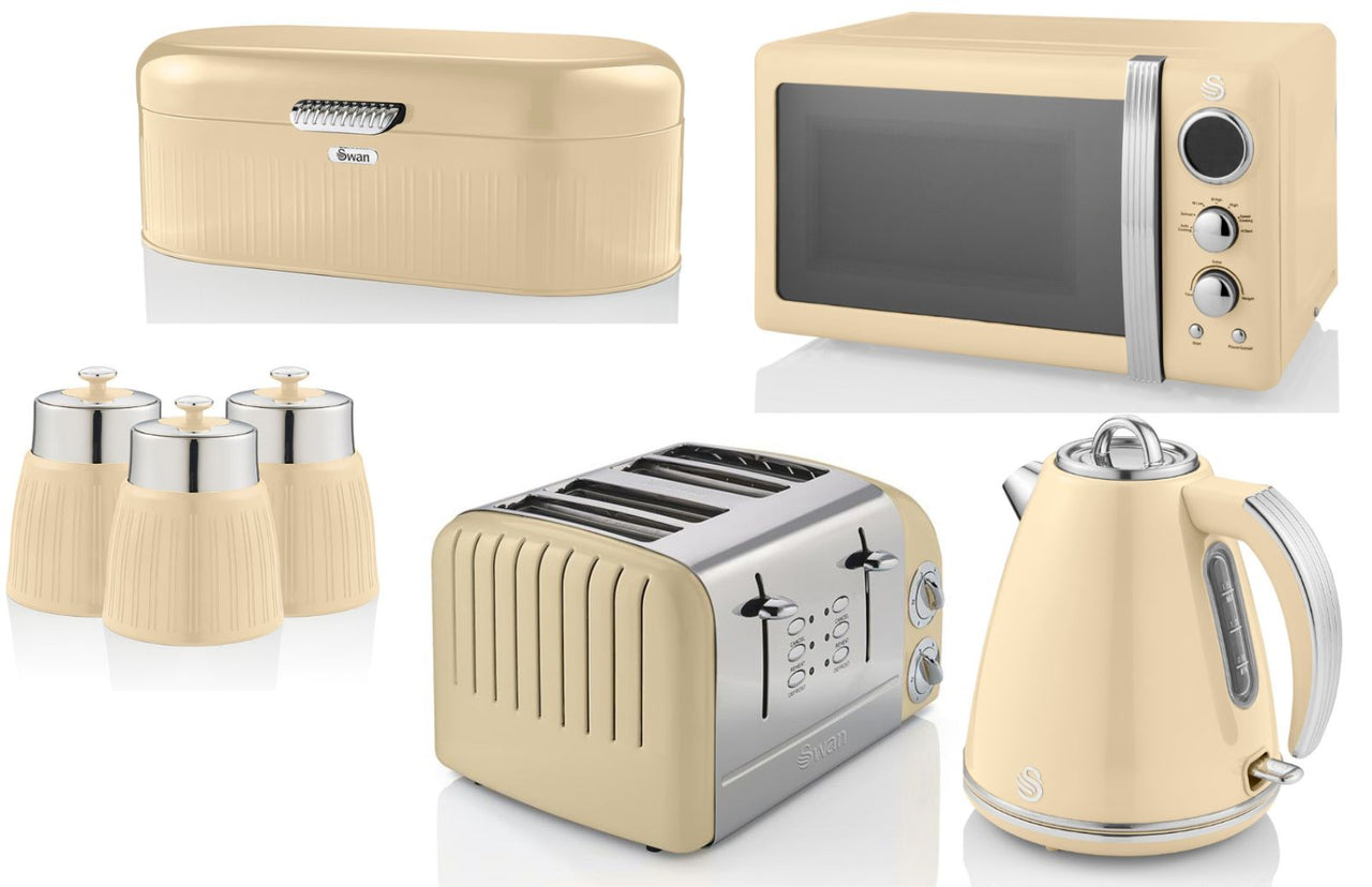 Swan Retro Cream Jug Kettle, 4 Slice Toaster, Microwave, Bread Bin & Canisters