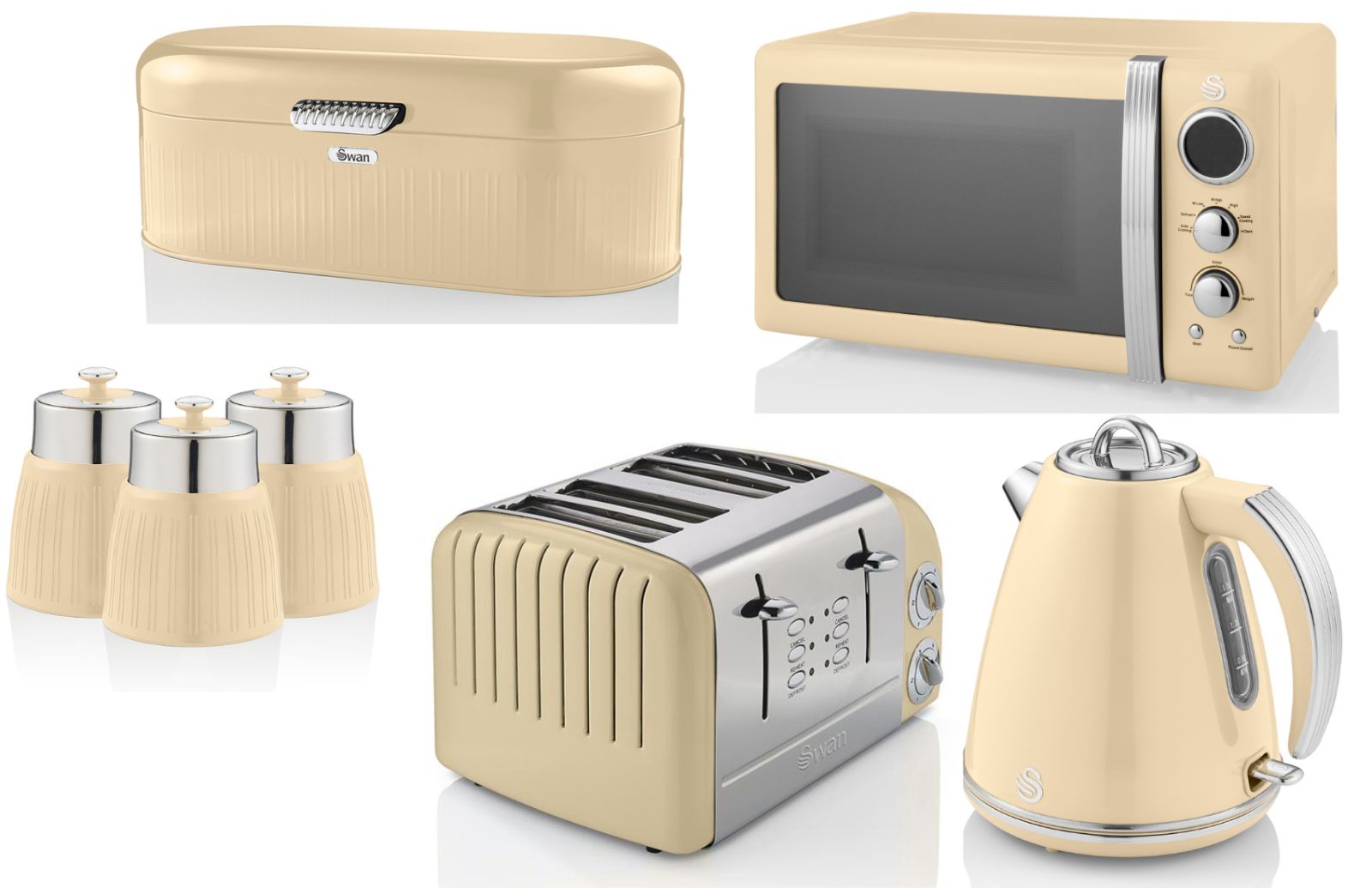 Swan Retro Cream Jug Kettle, 4 Slice Toaster, Microwave, Bread Bin & Canisters