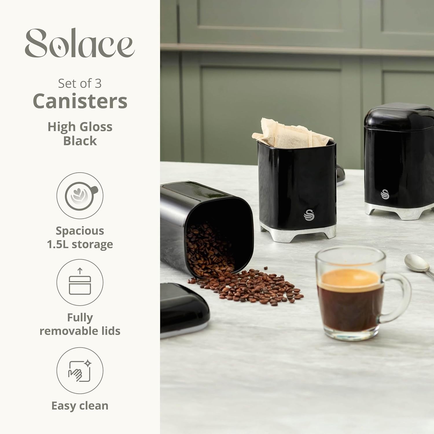 Swan Solace Black Breadbin & 3 Canisters Kitchen Storage Set Chrome Trim2