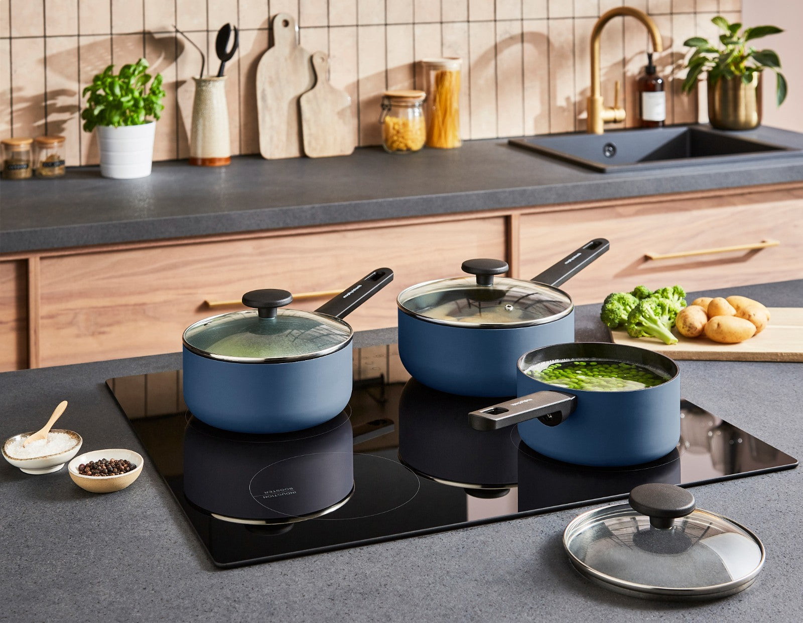 Morphy Richards 3 Piece Pan Set Navy Recycled Aluminium Saucepan Set 8590016