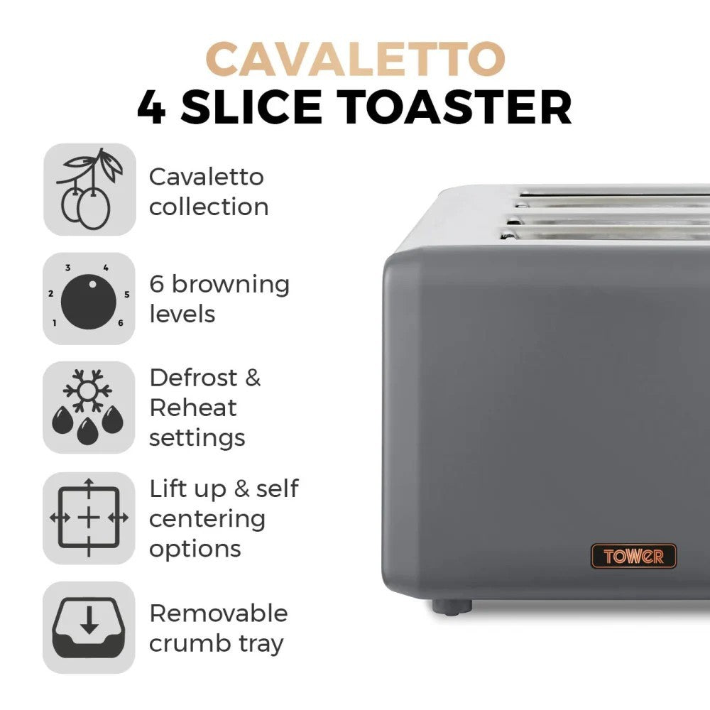Tower Cavaletto Grey Jug Kettle 4 Slice Toaster Matching Kitchen Set8