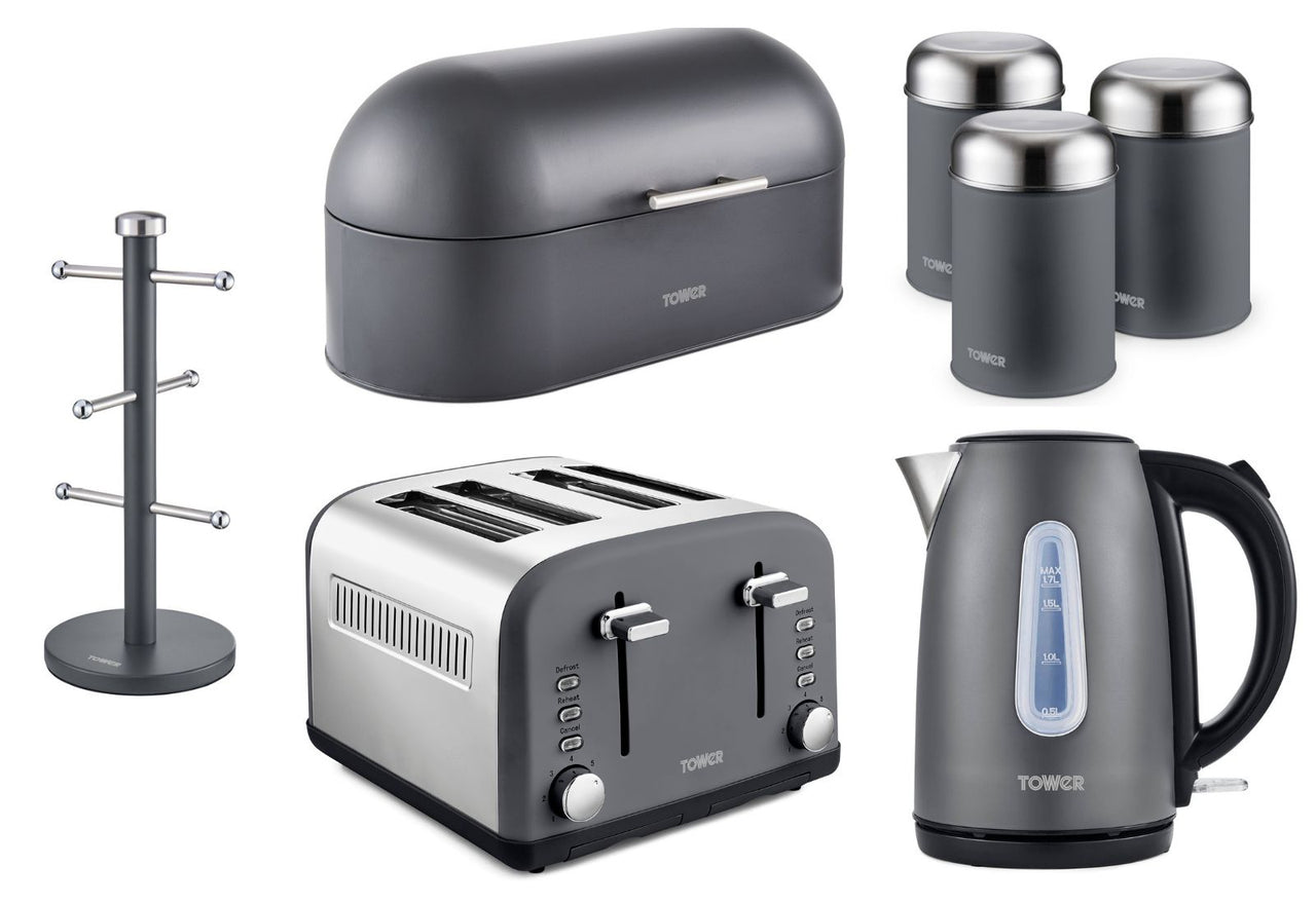 Tower Infinity Kettle 4 Slice Toaster Bread Bin 3 Canisters & Mug Tree Grey Set