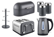 Tower Infinity Kettle 4 Slice Toaster Bread Bin 3 Canisters & Mug Tree Grey Set