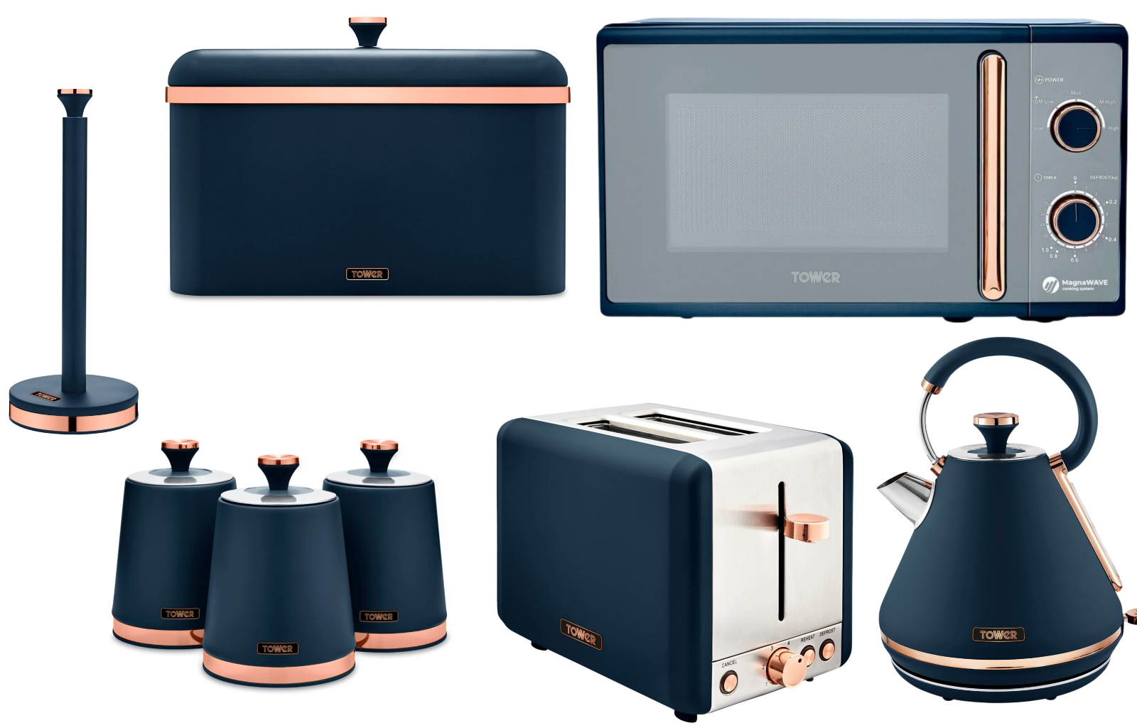 Tower Cavaletto Blue Kettle Toaster Microwave Breadbin Canisters Towel Pole Set0