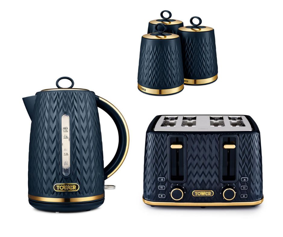 Tower Empire Blue Jug Kettle, 4 Slice Toaster & Tea Coffee Sugar Canisters Kitchen Set